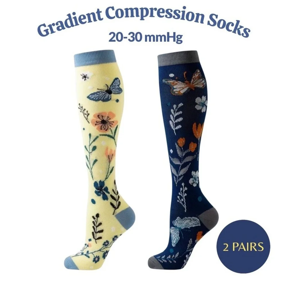 Unisex 20-30 mmHg Compression Socks L/XL Medical Butterflies Gardencore 2 Pairs